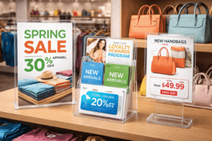 Clear displays showcasing retail promotions